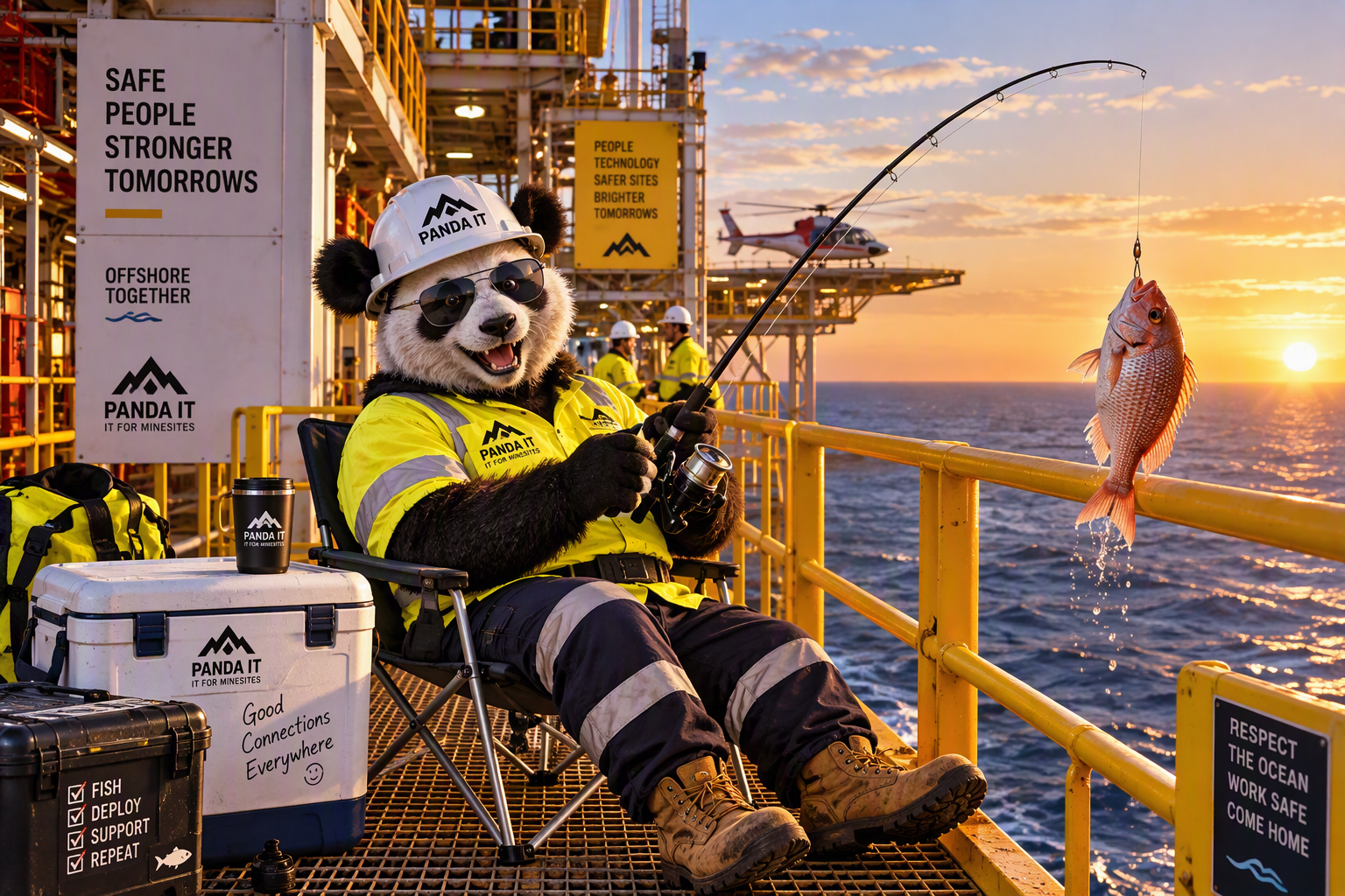 Panda IT mascot in high-vis and a hard hat fishing from the deck of an offshore platform at sunset