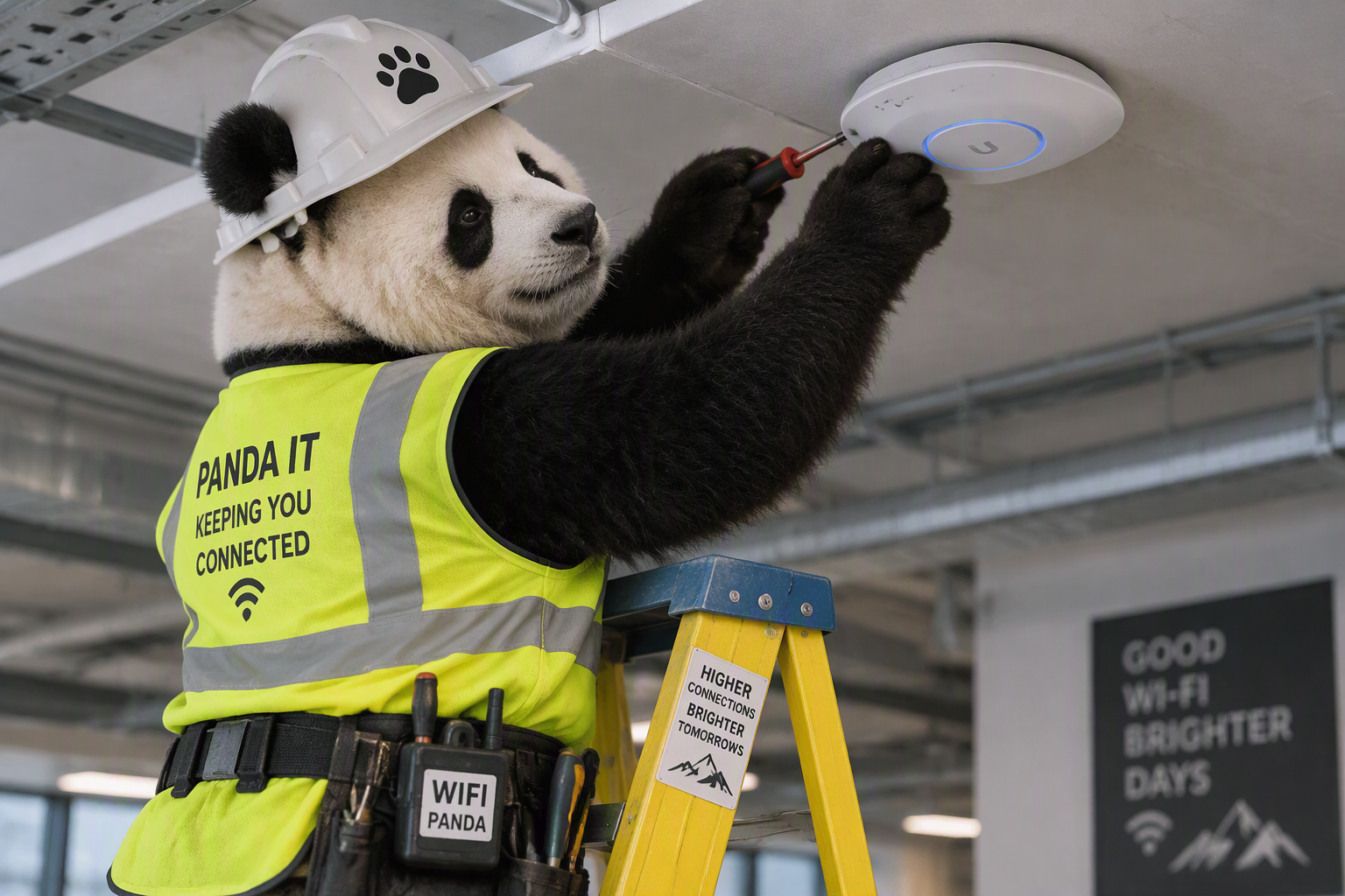 Panda IT mascot installing a ceiling-mounted wireless access point